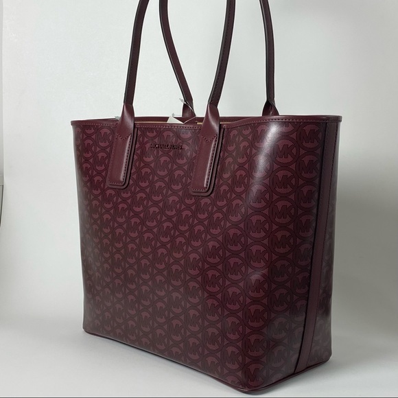 MICHAEL KORS Jodie Large Logo Jacquard Tote Carryall Handbag MK print Bag Merlot - Picture 2 of 13